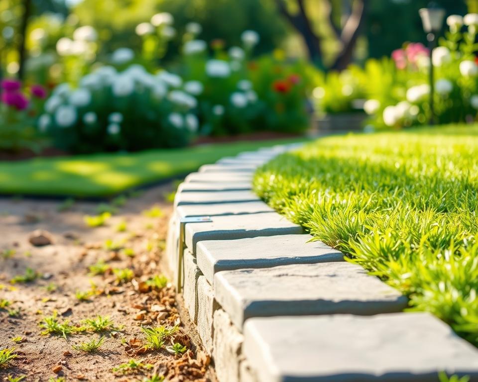 Optimale Ausrichtung Rasenkantensteine mit Wasserwaage